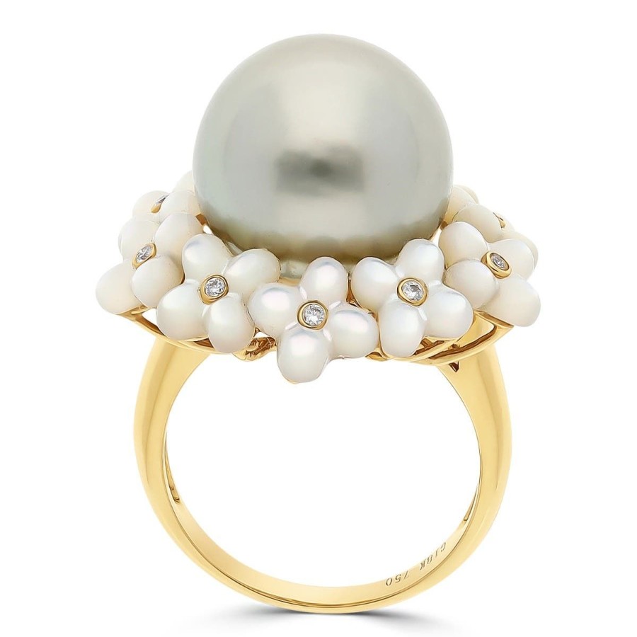 Gem Shopping Cut By Ben Tahitian Cultured Pearl, Mother Of Pearl And Diamond Accent Ring In 18K Yellow Gold | Pearl