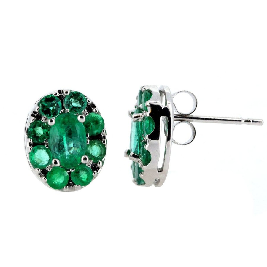 Gem Shopping Cluster Emerald Stud Earrings In 14K White Gold | Emerald