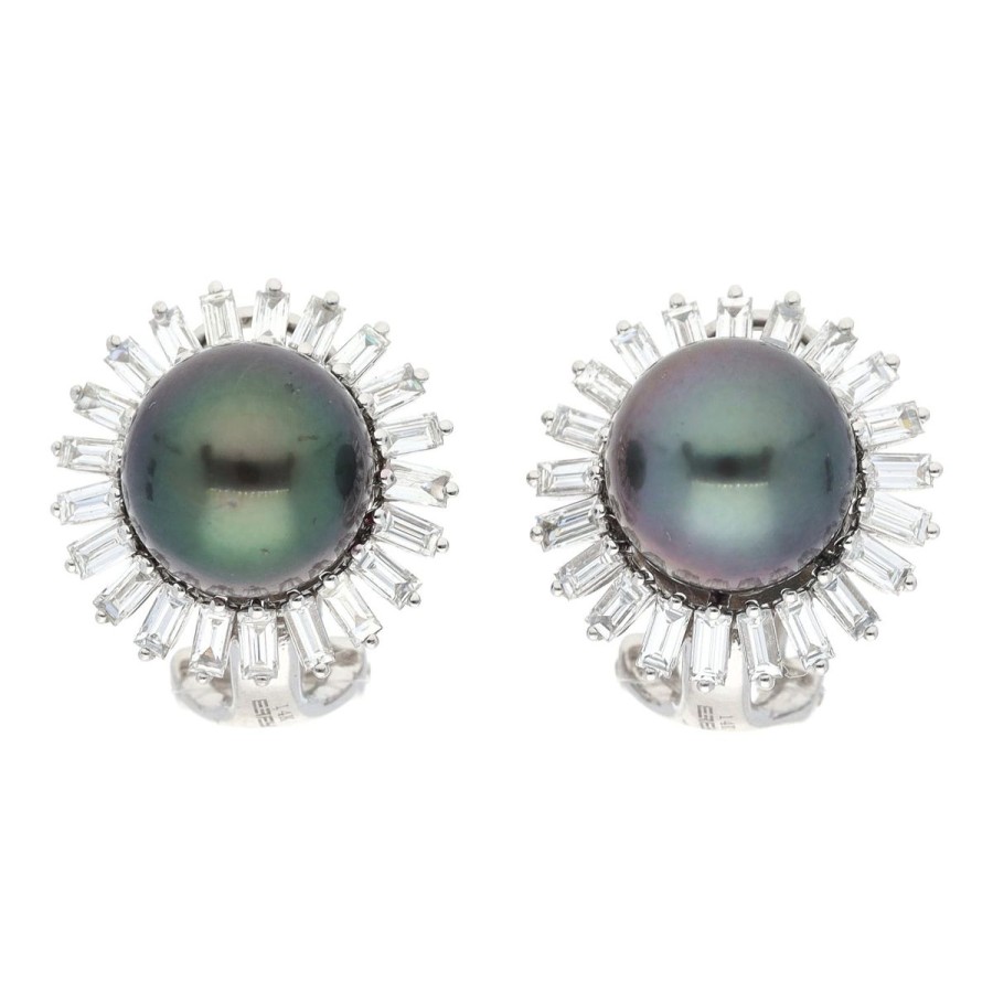 Gem Shopping Effy Tahitian Pearl And Diamond Star Halo Stud Earrings In 14K White Gold | Pearl