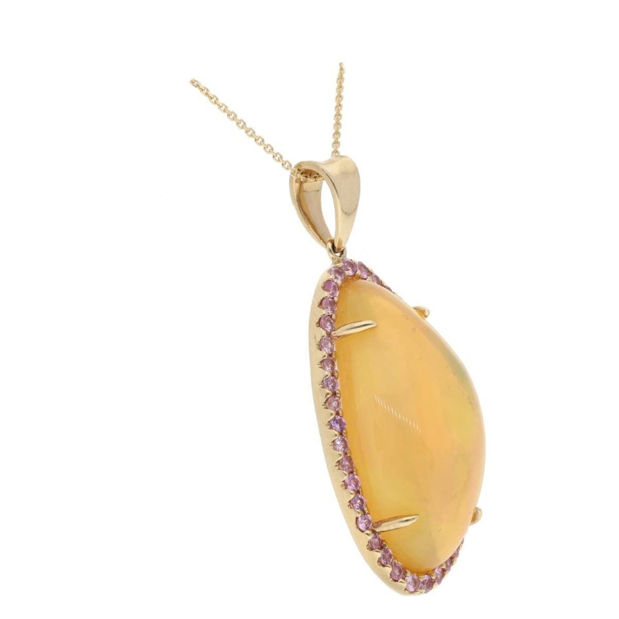 Gem Shopping Opal And Pink Sapphire Pendant In 14K Yellow Gold | Opal